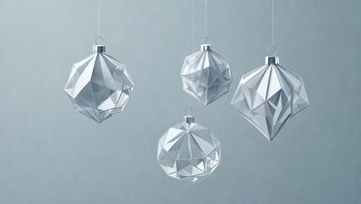The primary subject of the image is a series of three hanging glass Christmas ornaments. The ornaments are made of clear glass and have a geometric design. They are suspended from strings and are hanging from the ceiling. The setting is a room with a blue background, which adds to the festive atmosphere. The visual style is a combination of digital art and illustration, creating a unique and eye-catching display. The colors and mood of the image are predominantly blue and white, giving it a calm and ser